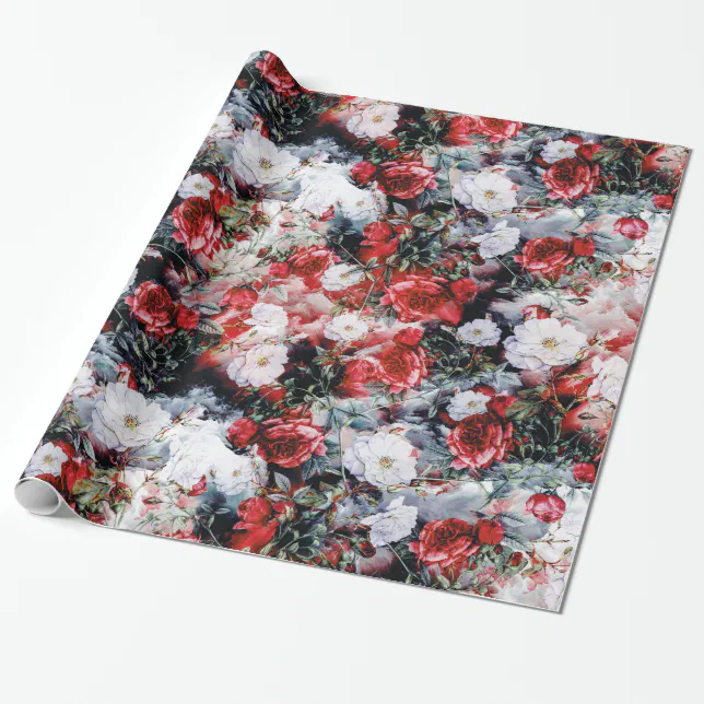 Red Victorian Roses Floral White Black Wrapping Paper | Zazzle