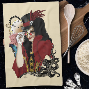 Red Victorian Steampunk Lady Vintage Octopus Kitchen Towel