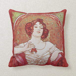 Red Vintage Art Nouveau Alphonse Mucha Ruby Lady Throw Pillow