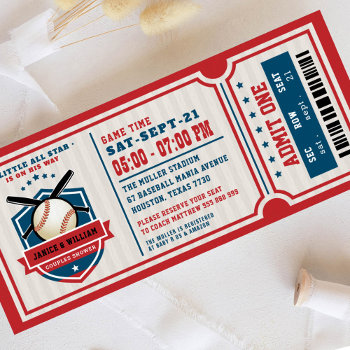 Red Vintage Baseball Ticket Couples Baby Shower Invitation by OwlieInvites at Zazzle