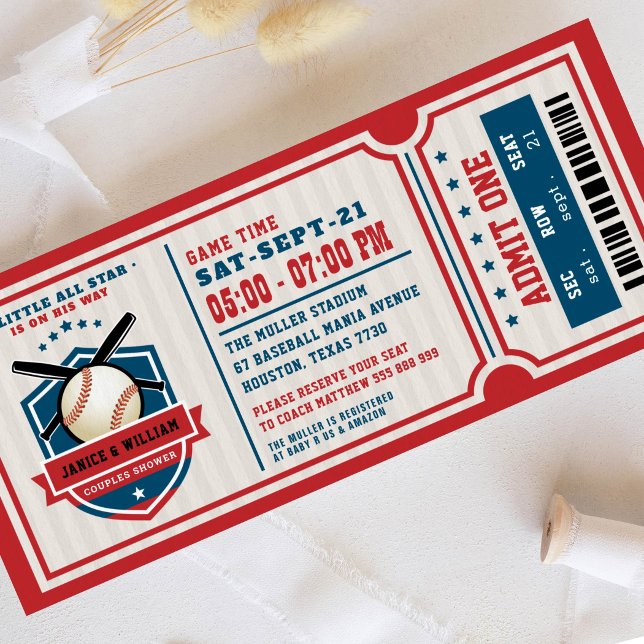 Red Vintage Baseball Ticket Couples Baby Shower Invitation