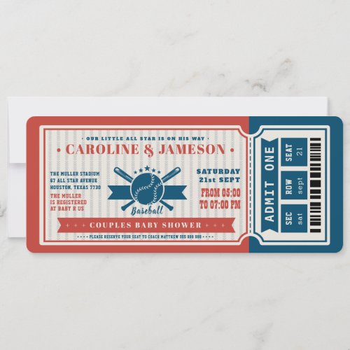 Red Vintage Baseball Ticket Couples Baby Shower Invitation