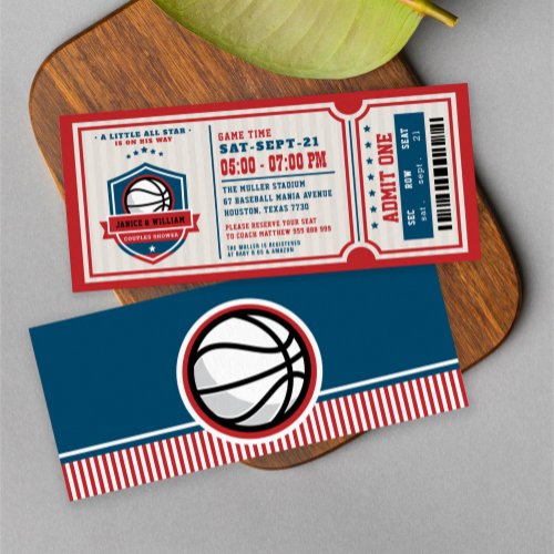 Red Vintage Basketball Ticket Couples Baby Shower Invitation