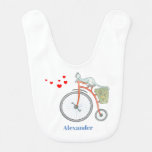 Red vintage bicycle with blue cat baby bib