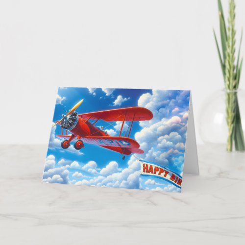Red Vintage Biplane with Birthday Banner Card
