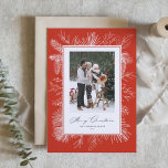 Red Vintage Botanical Frame Photo Merry Christmas<br><div class="desc">Merry Christmas! Send Christmas greetings with this vintage theme Christmas flat card. It features vintage line art of pinecones, pine needles and hollies with a red background. Personalize by adding your photo, names, year and message. This vintage Christmas photo flat card is available in other colors. Matching items are available....</div>