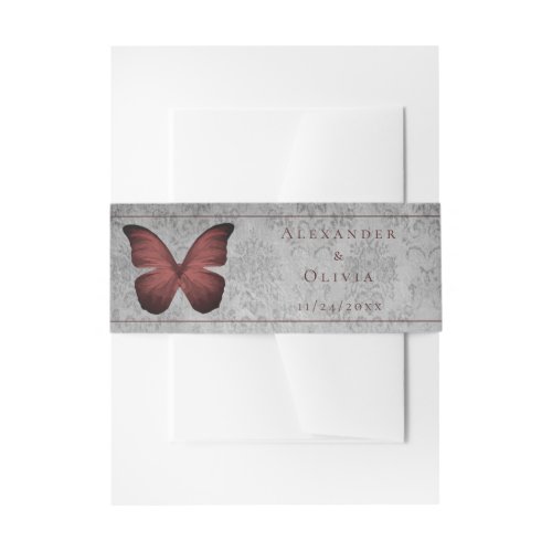 Red Vintage Butterfly Damask Invitation Belly Band