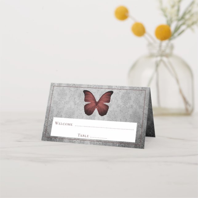 Red Vintage Butterfly Damask Reception Place Card (Front)