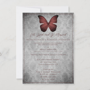 Red Vintage Butterfly Damask Rehearsal Dinner Invitation
