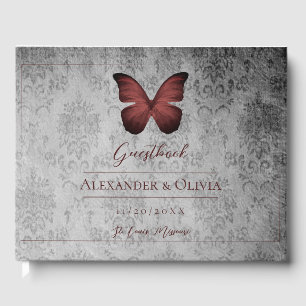 Red Vintage Butterfly Damask Wedding Guest Book