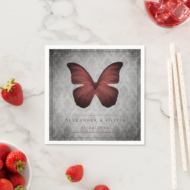 Red Vintage Butterfly Damask Wedding Napkins (Insitu)