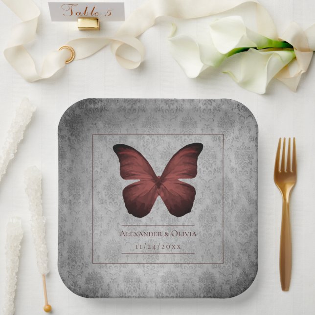 Red Vintage Butterfly Damask Wedding Paper Plates (Wedding)