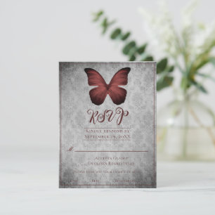 Red Vintage Butterfly Damask Wedding RSVP Card