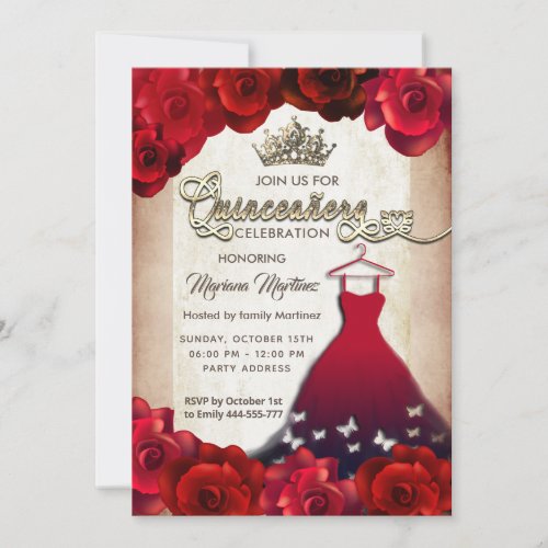 Red vintage butterfly dress roses tiara Quince Invitation
