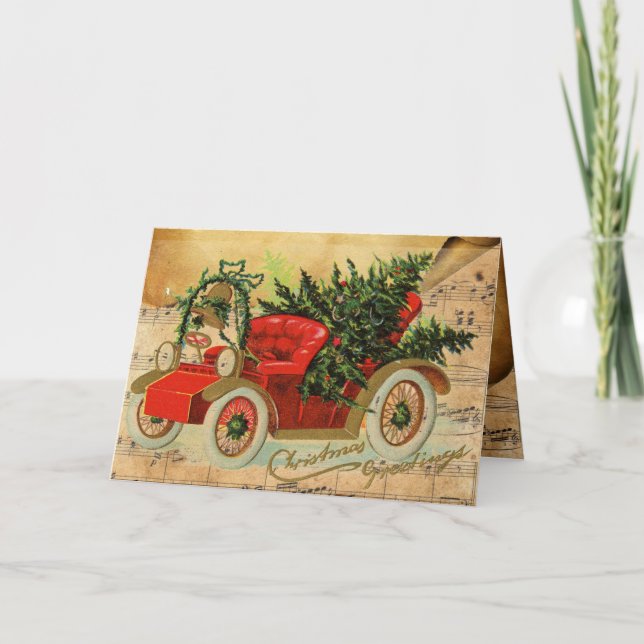 RED VINTAGE CAR,CHRISTMAS TREE AND MUSICAL NOTES (Front)