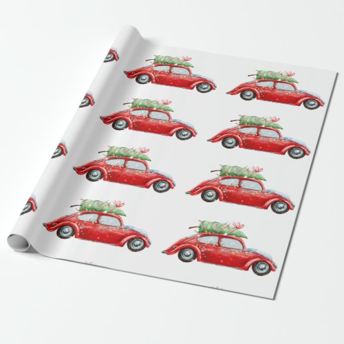 Red Vintage Car  Christmas Tree Watercolor Wrapping Paper