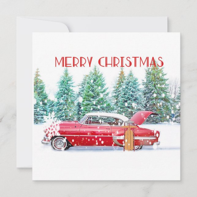 Red Vintage Car in Snow Card (Front)