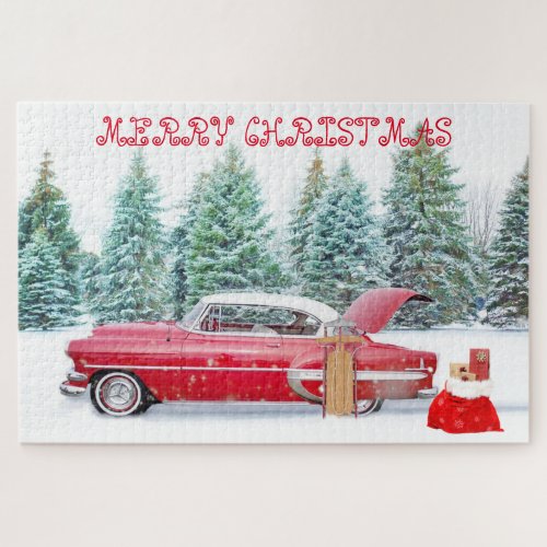 Red Vintage Car Pine Forest Gifts Christmas Jigsaw Puzzle