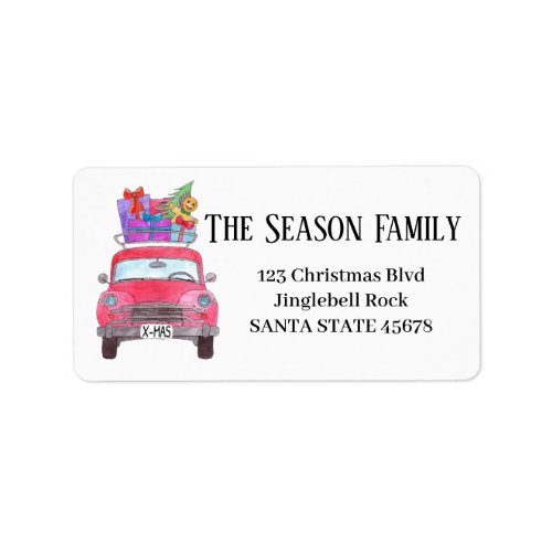 Red Vintage Car with Christmas Gifts Label