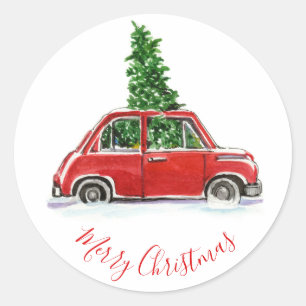Red vintage Car with Christmas tree Classic Round Sticker