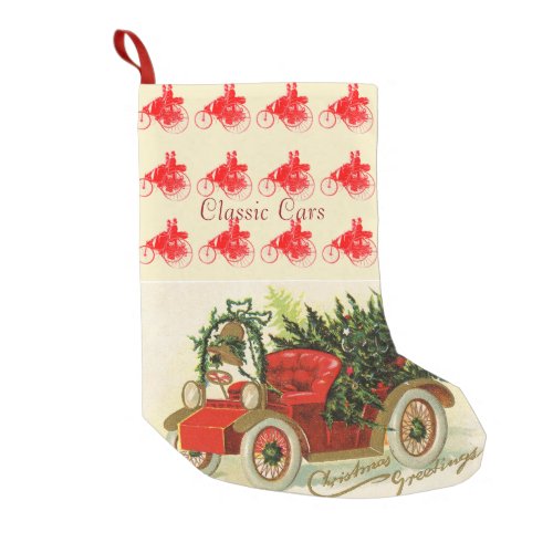 RED VINTAGE CAR WITH CHRISTMAS TREES AND BELL SMALL CHRISTMAS STOCKING