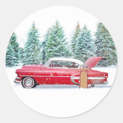 Red Vintage Car With Sled and Pine Trees Design Classic Round Sticker