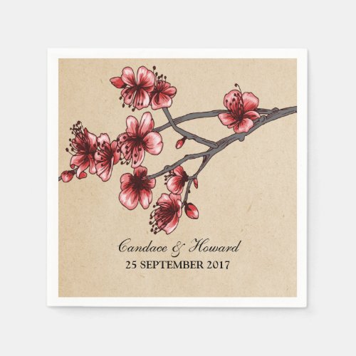 Red Vintage Cherry Blossoms Paper Napkins