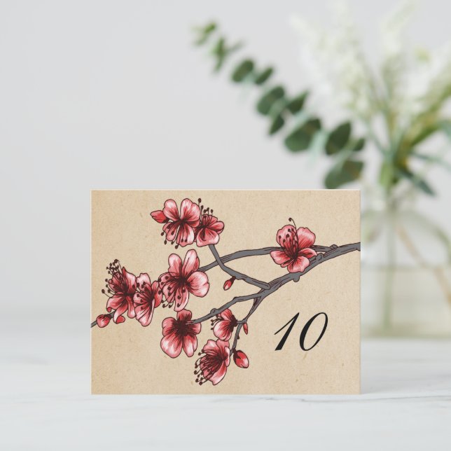 Red Vintage Cherry Blossoms Table Number Postcard (Standing Front)