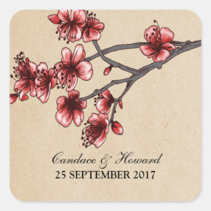 Red Vintage Cherry Blossoms Wedding Stickers