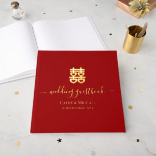 Red vintage Chinese wedding heart double happiness Foil Guest Book