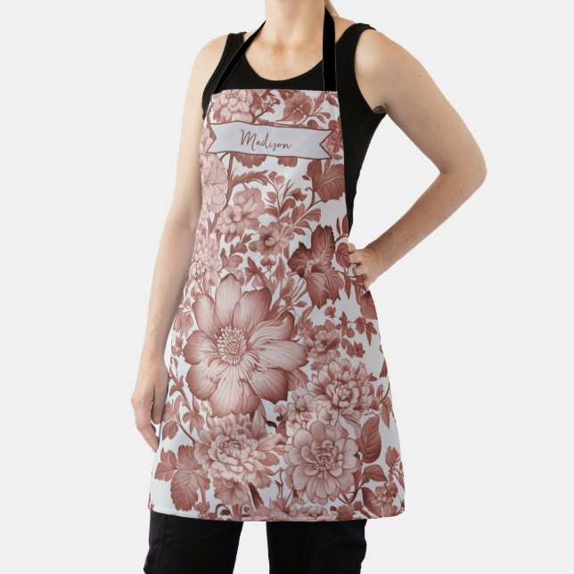 Red Vintage Chinoiserie Floral Personalized Apron (Insitu)