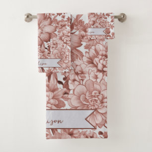 Red Vintage Chinoiserie Floral Personalized Bath Towel Set