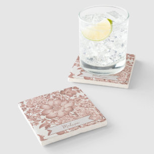 Red Vintage Chinoiserie Floral Personalized Stone Coaster