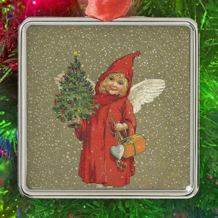 Red Vintage Christmas Angel Tree Metal Ornament