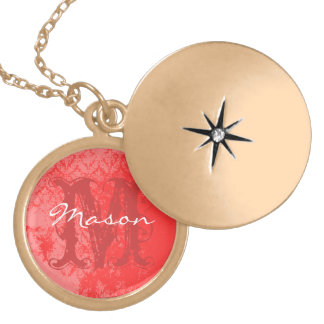 Red Vintage Damask Monogram Necklace