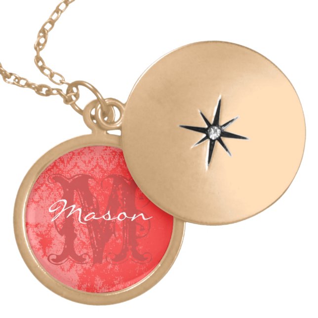 Red Vintage Damask Monogram Necklace (Front)