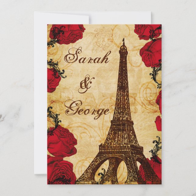 red vintage eiffel tower Paris wedding invite (Front)