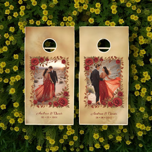 Red Vintage Exquisite Floral Frame 2 Photos Cornhole Set
