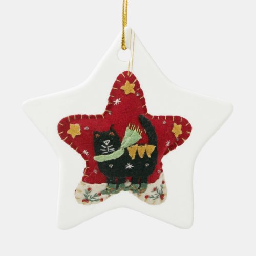 Red Vintage Felt Hand_crafted Kitty Christmas Star Ceramic Ornament