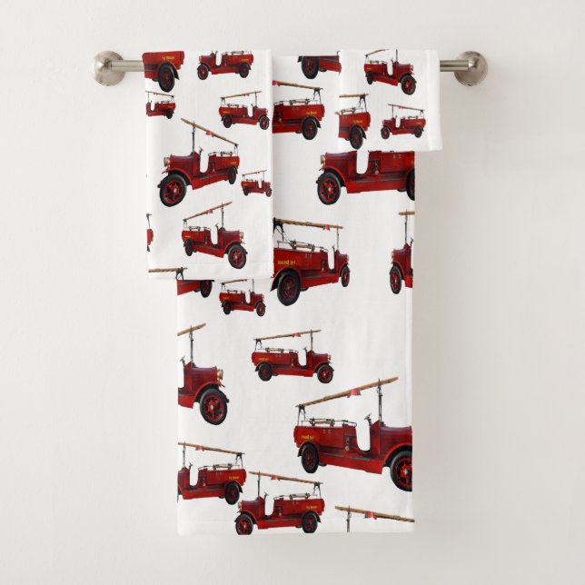 Red Vintage Fire Trucks, Bath Towel Set (Insitu)