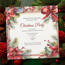 Red Vintage Floral Christmas Party Invitation Card