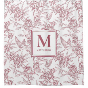 Red Vintage Floral Toile de Jouy French Monogram Shower Curtain