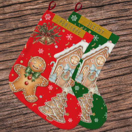 Red Vintage Gingerbread Man, Tree, Christmas Large Christmas Stocking