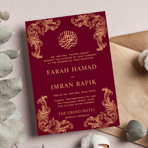 Red Vintage Gold Corner Islamic Muslim Wedding Invitation