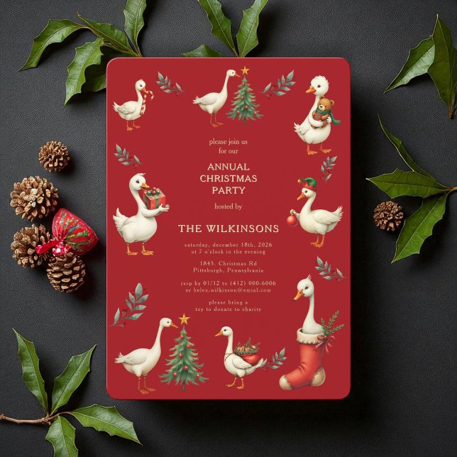 Red Vintage Goose Christmas Party Invitation (Creator Uploaded)