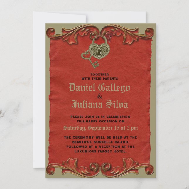Red Vintage Gothic Skeleton Key wedding Invitation (Front)