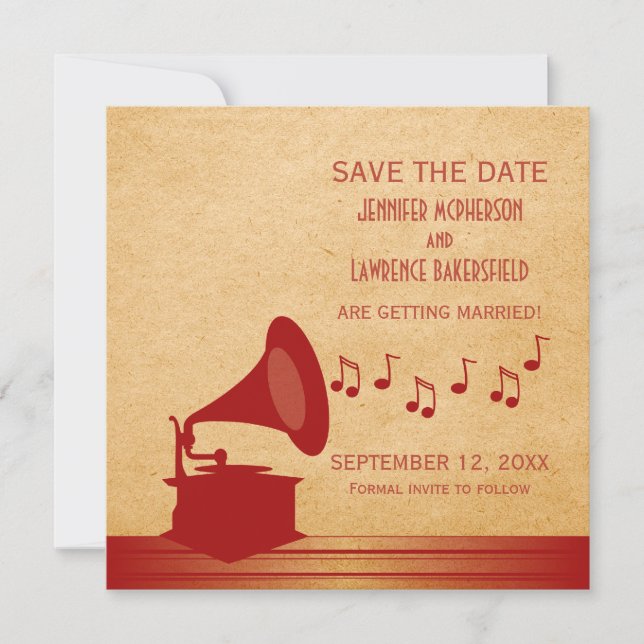 Red Vintage Gramophone Save the Date Invite (Front)