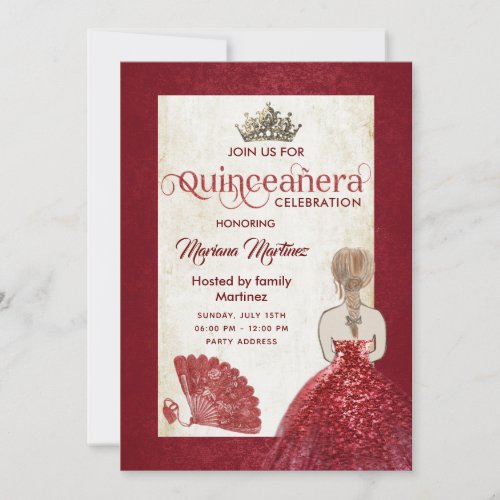 Red vintage hand fan tiara Quince Invitation
