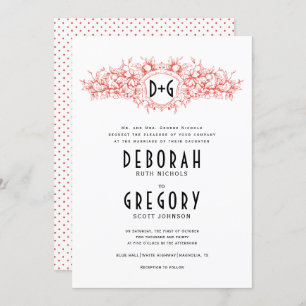 Red vintage heraldic crest and initials wedding invitation