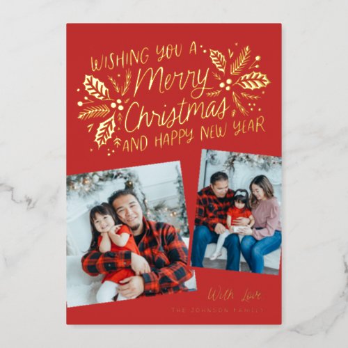 Red Vintage Holly Tilted Snapshot 2 Photo Foil Holiday Card